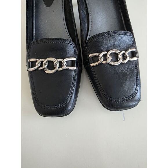 Cole Haan Classic Square Toe Black Leather Pumps Silver Tone Chain Link - Picture 3 of 7